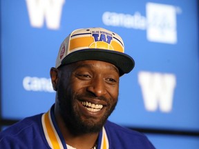 Willie Jefferson, who has signed a one-year extension with the Winnipeg Blue Bombers, meets with media at IG Field on Mon., Nov. 28, 2022.  KEVIN KING/Winnipeg Sun