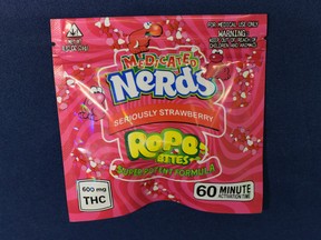 Winnipeg Police sent out a public advisory on Tuesday after receiving at least half a dozen reports about THC "Nerds" candy discovered in children's Halloween candy. The marijuana edibles packaged to look like the popular candy were discovered in children's bags after trick-or-treating in the South Tuxedo neighbourhood of Winnipeg. The package indicates 600 mg of THC, which can be harmful to children. Investigators have learned that the THC edibles were packaged along with regular full-size chocolate bars inside individual zipped sandwich bags.