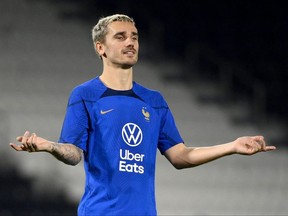 France's forward Antoine Griezmann reacts during a training session at the Jassim-bin-Hamad Stadium in Doha on Dec. 2, 2022.