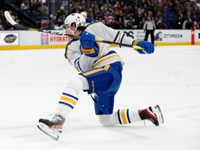 Buffalo Sabres forward Tage Thompson scores one of his five goals against the Columbus Blue Jackets on Dec. 7.