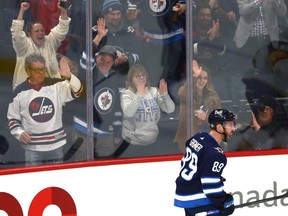 Winnipeg Jets forward Sam Gagner celebrates his goal against the Vegas Golden Knights at Canada Life Centre on Tues., Dec. 13, 2022.  KEVIN KING/Winnipeg Sun