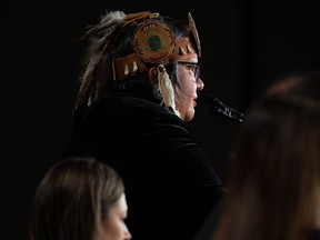 Assembly of First Nations (AFN) National Chief, RoseAnne Archibald, speaks during the AFN Special Chiefs Assembly (SCA) in Ottawa, on Tuesday, Dec. 6, 2022.&ampnbsp;Chiefs at the Assembly of First Nations are set to vote on whether to publicly oppose Prime Minister Justin Trudeau's proposed gun-control legislation.