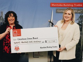 Manitoba Building Trades Executive Director Tanya Palson (right) makes a cheque presentation for $12,500 to Christmas Cheer Board Executive Director Shawna Bell during their annual Holiday Celebration event last Wednesday.