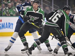 Dallas Stars left wing Jason Robertson skates against the Winnipeg Jets during the first period at the American Airlines Center.