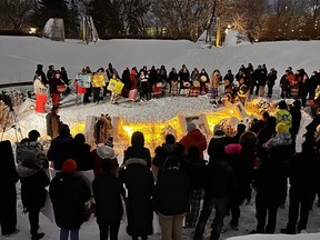 More than 100 people gathered at the Oodena Celebration Circle at The Forks in Winnipeg on Sunday evening to remember the lives of 39-year-old Morgan Harris, 26-year old Marcedes Myran, and 24-year-old Rebecca Contois, and to call for a state of emergency to be called by governments, as Indigenous women and girls continue to be killed and go missing at high rates in Canada.