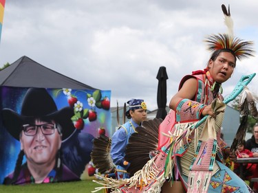A pow wow dancer at the Turtle Island block party, part of the sakihiwe festival, at the Turtle Island Neighbourhood Centre on King Street in Winnipeg on Sun., June 26, 2022.