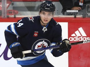 Winnipeg Jets defenceman Ville Heinola skates during NHL exhibition action against the Ottawa Senators at Canada Life Centre on Tuesday, Sept. 27, 2022.