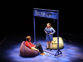 Ben Ridd (Charlie Brown) and Becky Frohlinger (Lucy Van Pelt) in the Manitoba Theater for Young People's production of A Charlie Brown Double Bill. LEIF NORMAN
