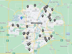 Winnipeg Police released a map on Saturday showing locations across Winnipeg after 40 condominium and apartment complexes were broken into over a 40-day period in November and December, 2022.