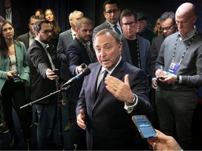 NHL commissioner Gary Bettman answers questions during a media scrum in Montreal on Tuesday Jan. 24, 2023 prior to Montreal Canadiens vs Boston Bruins game.