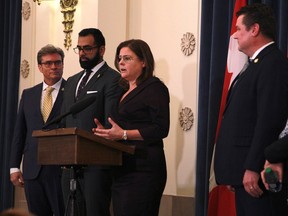 Premier Heather Stefanson is flanked by the four newly minted cabinet ministers Kevin Klein, Obby Khan, Janice Morley-Lecomte and James Teitsma following a shuffle that saw four Winnipeg backbenchers promoted on Monday, Jan. 30.