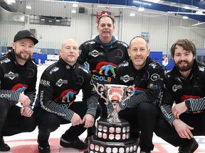 Team Mike McEwen, the 2023 Ontario Tankard champions, Sunday in Port Elgin is from left Mike McEwen, Ryan Fry, coach Richard Hart, Brent Laing and Joey Hart.