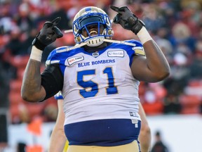 Winnipeg Blue Bombers Jermarcus Hardrick celebrates a victory. He has re-signed for a seventh season.