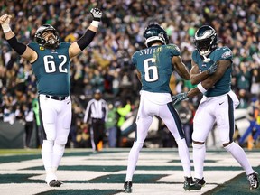 DeVonta Smith (6) of the Philadelphia Eagles celebrates his touchdown with teammate A.J. Brown (11) during the first quarter against the New York Giants in the NFC Divisional Playoff game at Lincoln Financial Field on Jan. 21, 2023 in Philadelphia.