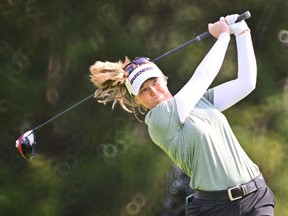 Brooke Henderson of Canada plays her shot from the fifth tee during the final round of the Hilton Grand Vacations Tournament of Champions at Lake Nona Golf & Country Club on Jan. 22, 2023 in Orlando, Florida.