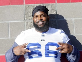Winnipeg Blue Bombers, Stanley Bryant hams it up during their practice at Shouldice Park in preparation for the 107th Grey Cup in Calgary on Wednesday, November 20, 2019. Darren Makowichuk/Postmedia