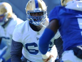 Offensive lineman Stanley Bryant (left), will be 37 by the time next season kicks off. He says he never considered signing with a team other than the Blue Bombers. It also helps that the Bombers are a perennial contender. Kevin King/Winnipeg Sun