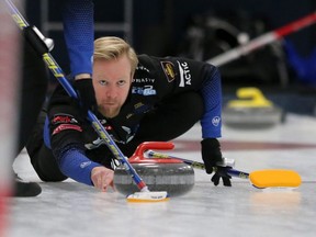 Swedish skip Niklas Edin watches his shot as he competes against Canada’s Kevin Koe in the final of the ATB Glencoe Invitational Bonspiel at the Glencoe Club in Calgary on Sunday, February 16, 2020.  Gavin Young/Postmedia