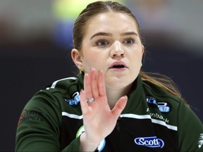 Meghan Walters, throwing fourth stones for Team Abby Ackland, halts the sweepers during the Scotties Tournament of Hearts championship at the East St. Paul Arena on Wed., Jan. 25, 2023. KEVIN KING/Winnipeg Sun