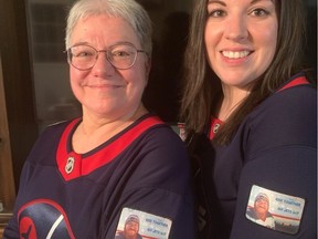 (Left to right) Suzanne Lagace and her daughter Bernadette Lagace on Saturday, Jan. 21, 2023, wearing their Winnipeg Jets jerseys with patches honouring Suzanne's son and Bernadette's brother Matthew, a huge Jets fan who passed away three years ago from cancer. Suzanne vowed never to miss a Winnipeg Jets game to honor her son, even when Suzanne underwent surgery to remove a tumour on her liver. Suzanne was nominated by Bernadette as a Air Canada Fan Flight Champion for her determination, strength and resilience. Suzanne will attend Tuesday's Jets game in Nashville, along with her daughter, husband Claude and sister.