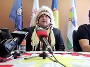 During a Monday press conference in Winnipeg, Southern Chiefs' Organization Grand Chief Jerry Daniels (middle) gathered with several First Nations leaders, and lambasted both the federal and provincial governments for not inviting any First Nations leadership to a Feb. 7 meeting in Ottawa where Canada’s 13 premiers will discuss federal health care funding with Prime Minister Justin Trudeau.