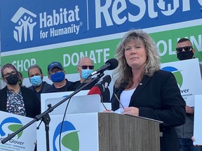 Shelly Glover launches her campaign for leader of the Manitoba Progressive Conservatives in Winnipeg on Friday, Sept.10, 2021. The province's commissioner of elections has rejected a complaint about Glover's fundraising.