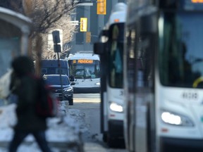 Transit buses on the road in Winnipeg on Wednesday, Jan. 4, 2023.