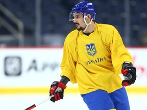 Gleb Krivoshapkin skates with the Ukrainian under-25 national hockey team ahead of its game against the University of Manitoba Bisons at Canada Life Centre in Winnipeg on Monday, Jan., 9, 2023.