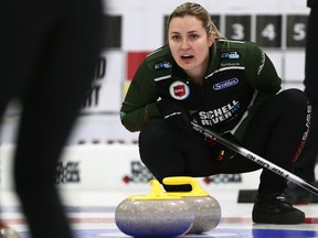 Abby Ackland calls on the sweepers during the Scotties Tournament of Hearts championship at the East St. Paul Arena on Wednesday, Jan. 25, 2023.