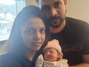 Ibadat Kaur Samra is the first baby born in Winnipeg in 2023 at 12:11 a.m., at HSC Women's in Winnipeg, Shared Health tweeted Sunday, Jan. 1, 2023. The six-pound, eight-ounce newborn is the daughter of proud parents, Gurpreet Dhaliwal and Jaskiran Samra. Twitter/Shared Health