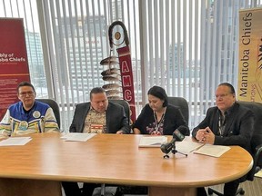 Left to right, Island Lake Tribal Council (ILTC) Grand Chief Scott Harper, Southern Chiefs’ Organization (SCO) Grand Chief Jerry Daniels, Assembly of Manitoba Chiefs (AMC) Grand Chief Cathy Merrick, and Manitoba Keewatinowi Okimakanak (MKO) Grand Chief Garrison Settee said on Monday that legal action will be taken against the province, because they say land that will be auctioned off this week should instead be offered to First Nations. Handout