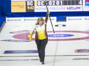 Jennifer Jones salutes the crowd after beating Kerri Einarson Friday night to book a spot in the Page 1 vs. 2 game at the Scotties.