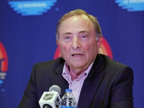 NHL commissioner Gary Bettman talks to the media before the 2023 NHL All-Star Game at FLA Live Arena in Sunrise, Fla., Saturday, Feb. 4, 2023.