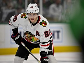 Feb 22, 2023; Dallas, Texas, USA; Chicago Blackhawks right wing Patrick Kane (88) waits for the face-off in the Dallas Stars zone during the third period at the American Airlines Center.