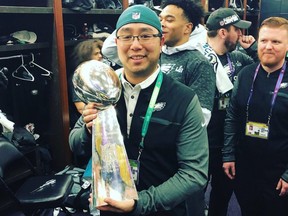 Winnipeg’s Monte Wong with the Vince Lombardi Trophy in 2018 following the Philadelphia Eagles’ win. The trainer and athletic therapist is aiming for another Super Bowl win with Philly. Supplied photo
