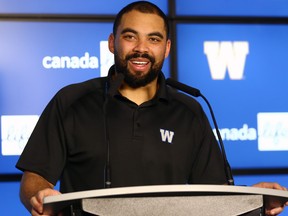 Nic Demski speaks about his contract extension with the Winnipeg Blue Bombers on Monday.
