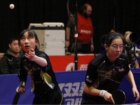 Winnipeg's Victoria Lee (left) and Grace Qi (right) won Team Manitoba's first medal at the 2023 Canada Winter Games in Prince Edward Island on Monday,Feb. 20, 2023, with a silver medal in the table tennis female doubles event. In addition to the province's first medal of these Canada Games, this is Team Manitoba's first table tennis medal since 2011.