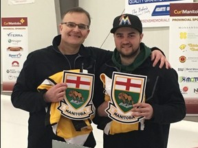 Matt Dunstone (right) and his dad, Dean, will compete with different teams at the Manitoba men's provincial curling championship in Neepawa this week.