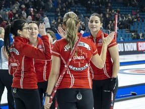Kerri Einarson, Val Sweeting, Shannon Birchard and Briane Harris are through to the semifinal at the Scotties in Kamloops.