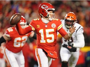 Kansas City Chiefs quarterback Patrick Mahomes passes the ball against the Cincinnati Bengals during the second quarter of the AFC Championship game at GEHA Field at Arrowhead Stadium.
