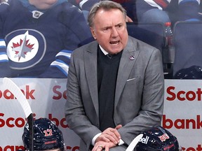 Winnipeg Jets head coach Rick Bowness looks on in the third period against the Colorado Avalanche at Canada Life Centre in Winnipeg on Friday, Feb. 24, 2023.