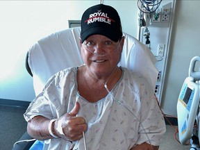 WWE legend Jerry 'The King' Lawler gives a thumbs up in hospital.