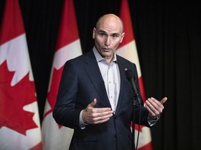 Health Minister Jean-Yves Duclos speaks to the media in Hamilton, Ont., during the Liberal Cabinet retreat, on Monday, Jan. 23, 2023. The federal government says in a news release it has signed an agreement in principle with Manitoba to invest more than $6.7 billion in the province's health-care system over 10 years.
