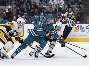 San Jose Sharks right wing Timo Meier (28) moves the puck while defended by Pittsburgh Penguins center Teddy Blueger, right, during the first period of an NHL hockey game in San Jose, Calif., Tuesday, Feb. 14, 2023.