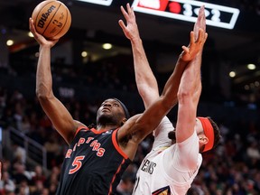 Precious Achiuwa of the Toronto Raptors drives to the net during a game against the New Orleans Pelicans at Scotiabank Arena on February 23, 2023 in Toronto.