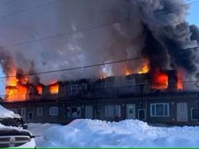 A massive fire on Saturday destroyed an apartment complex in the Tataskweyak Cree Nation (TCN) leaving two children injured, and 49 people now without a home. Handout
