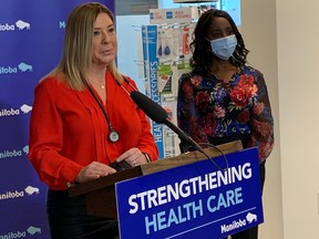 Doctors Manitoba President Dr. Candace Bradshaw speaks at a press conference at Tuxedo Family Medical Centre in Winnipeg on Friday, Feb. 3, 2023, alongside Manitoba Health Minister Audrey Gordon to announce a joint task force between the provincial government and Doctors Manitoba to reduce unnecessary administrative burdens faced by physicians to improve patient care and support the retention of doctors in the provincial health-care system. The task force is expected to release a public report later this year.