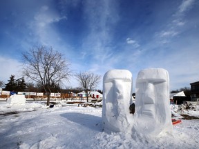 A snow sculpture on the Festival du Voyageur grounds at Whittier Park in Winnipeg on Sunday, Feb. 12, 2023. The 10-day winter festival starts Friday.
