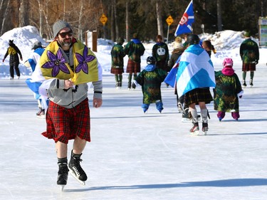 The Great Canadian Kilt Skate on the duck pond at Assiniboine Park in Winnipeg on Sunday, Feb. 26, 2023.