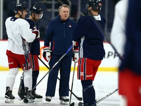 Winnipeg Jets head coach Rick Bowness (centre) during practice on Monday, Feb. 27, 2023.